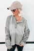 Waffle Knit Stripe Patchwork Henley Drawstring Hood Drop Shoulder Long Sleeve Top